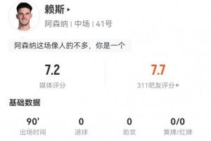 赖斯本场1关键传球+4解围2抢断1拦截 7对抗2成功 获评7.2分